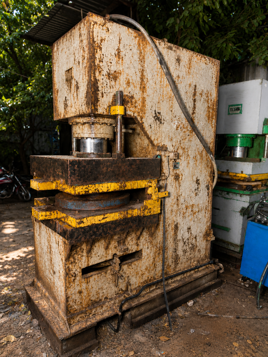 Hydraulic press before rebuild, heavily rusted
